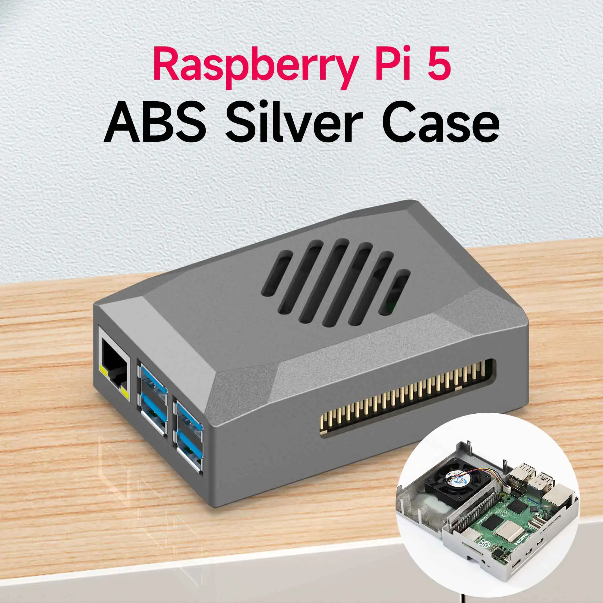 

Raspberry Pi 5 ABS Case Silver Free PWM Cooling Fan Dustproof and Anti-collision Compatible with Official Radiator