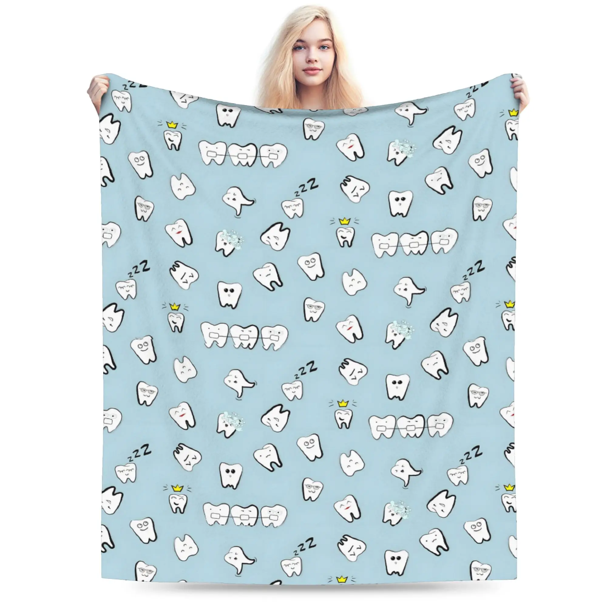 Custom Healthy Teeth Pattern Blankets Comfortable Soft Flannel Summer Care Dental Health Throw Blanket for Sofa Travel Bedding