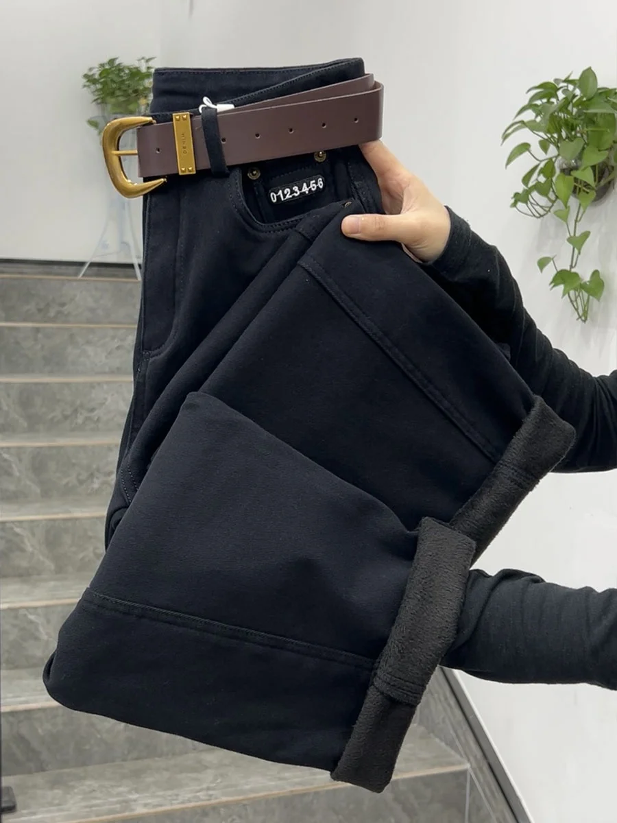 

Thiened Fce Winter Jeans High Waist Straight Leg Pants Belt Loop Long 02cm plus Size Slimming Casual Pure Color