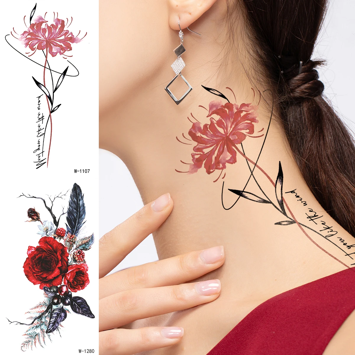 

Red Flowers Temporary Tattoo Sticker Rose Butterfly Jellyfish Waterproof Tattoo Sticker For Women Body Art Tattoo Stickers