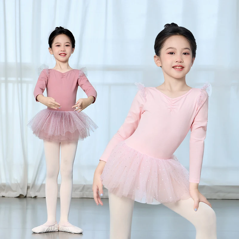 Girls Kids Ballet Leotards Ballet Tutu Dress Long Sleeve Dance Bodysuits Child Pink Birthday Puffy Skirts