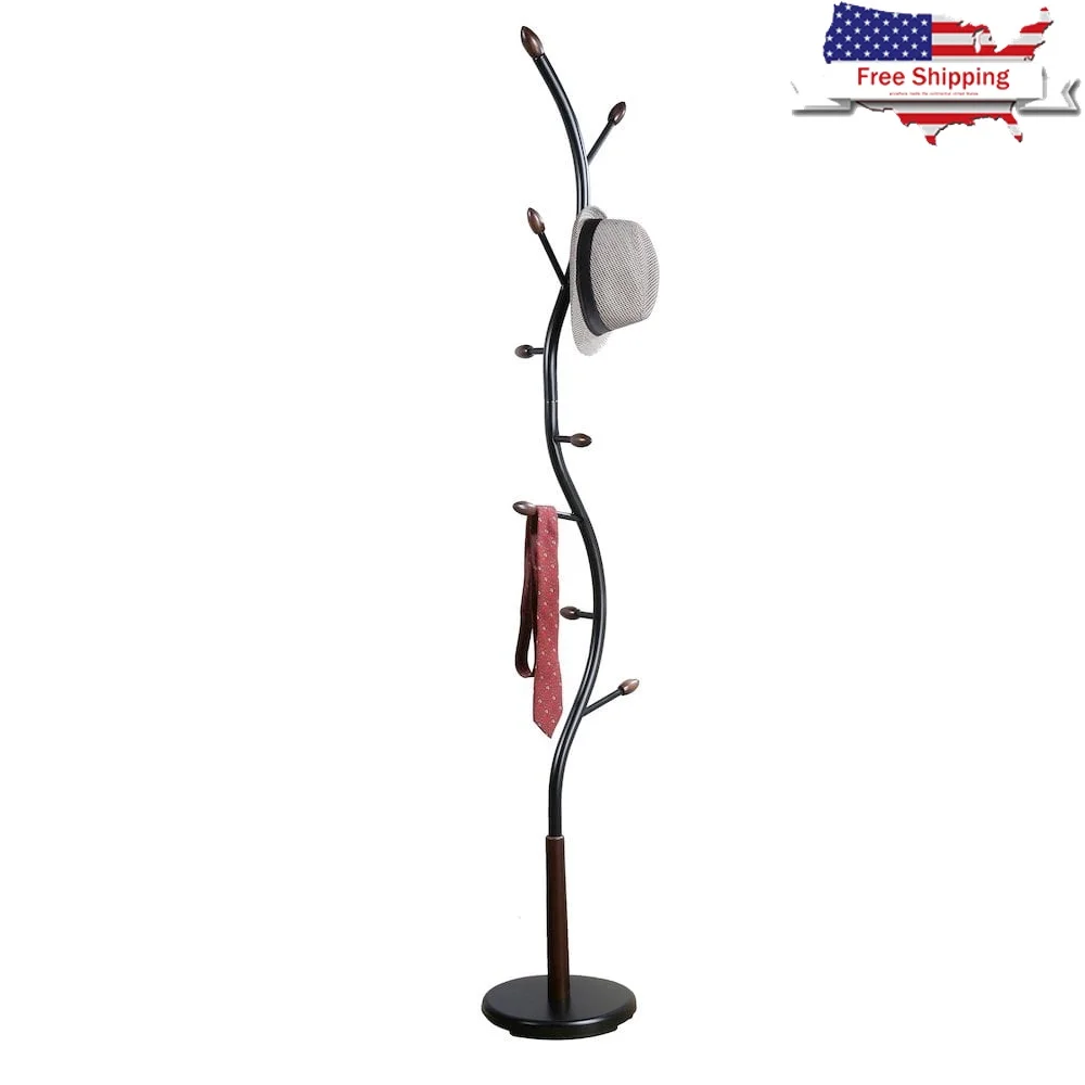

Modern Metal Standing Coat Rack with Walnut Accents Freestanding Decorative Storage Coats Hats Umbrellas Functional Hooks