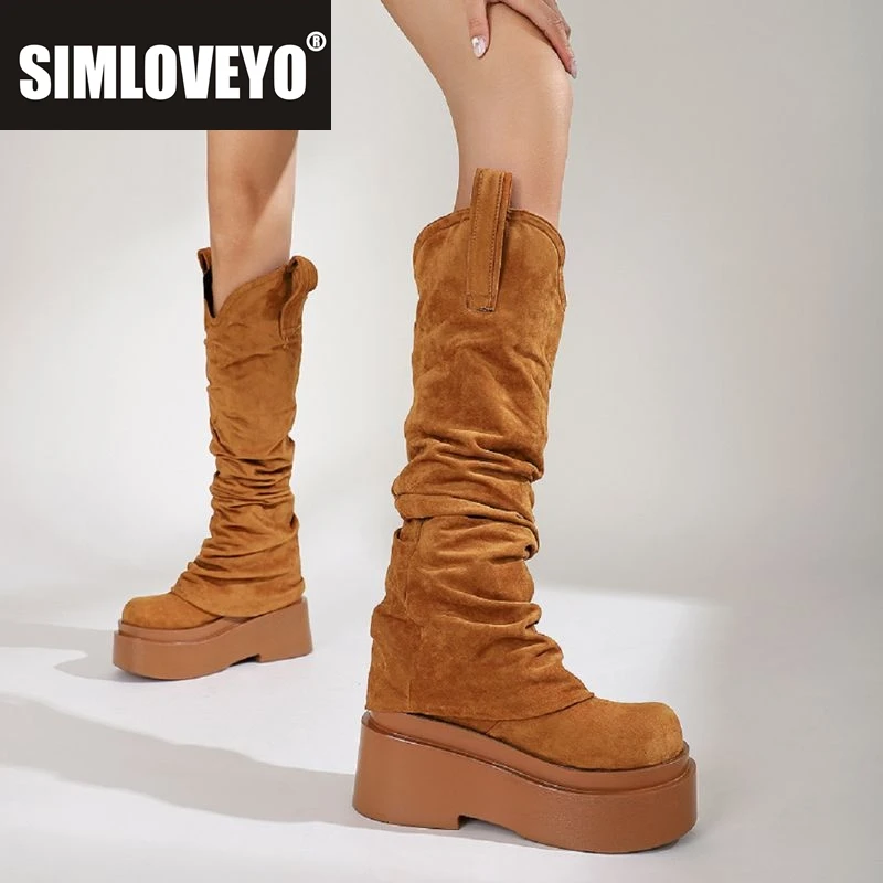

SIMLOVEYO Женские сапоги до колена в стиле вестерн из флока, замши, толстые каблуки, 8,5 см, платформа 5,5 см, без шнуровки, плиссированные, большой размер US13 43 44 US13