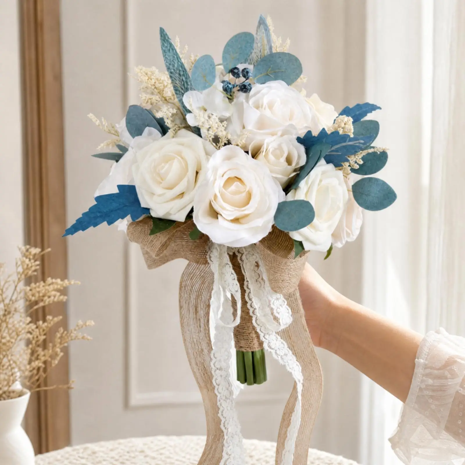 Blue and White Silk Flower Wedding Bouquet Artificial Roses Tied Handle with Lace Ribbons for Bridal Photography Home Display