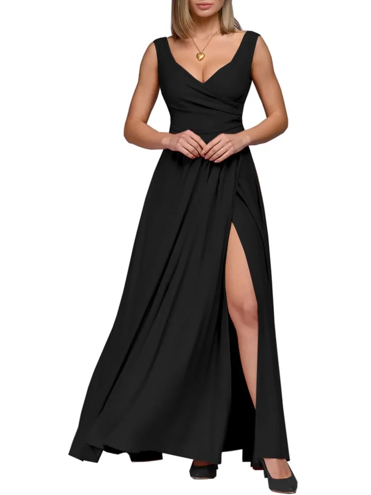 

Spring Summer Dress Women's 2025 New Sexy Deep V Neck Sleeveless Slit Dresses Fashion Elegant Solid High Waist Party Vestidos