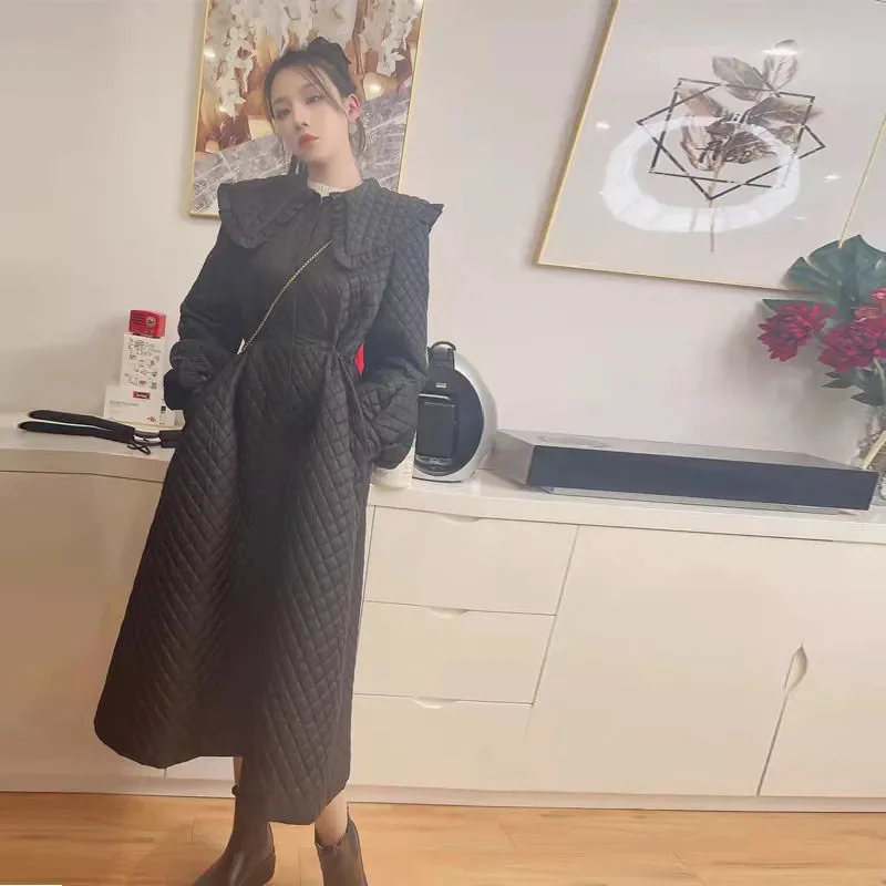 Diamond Plaid Temperament Cotton Coat Cotton Coat Women\'s 2023 Mid length Winter Loose Simple Slim and Thickened Coat Commuting