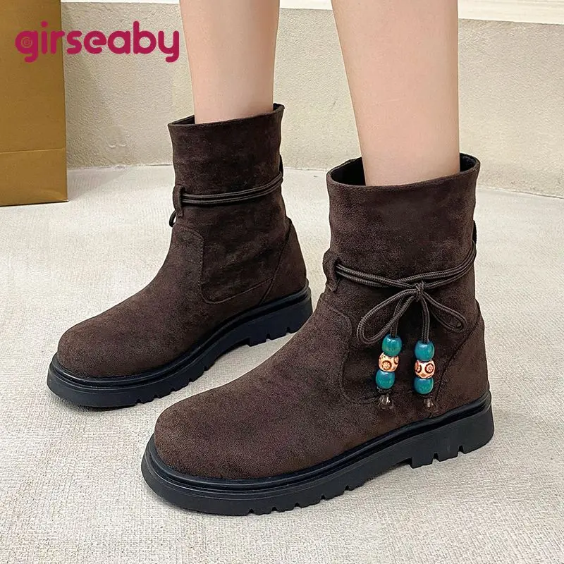 

Girseaby Retro Female Mid Calf Boots Round Toe 3.5cm Thick Bottom Slip On Flock Suede Bowknot Small Size 31 32 33 Vintage Autumn
