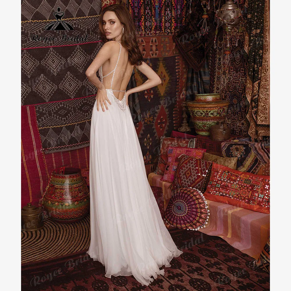 Sexy Plunging Boho Lace Flowy Split V Neck Wedding Dress for Women 2024 Spaghetti Straps Backless Bridal Gown robes mariage