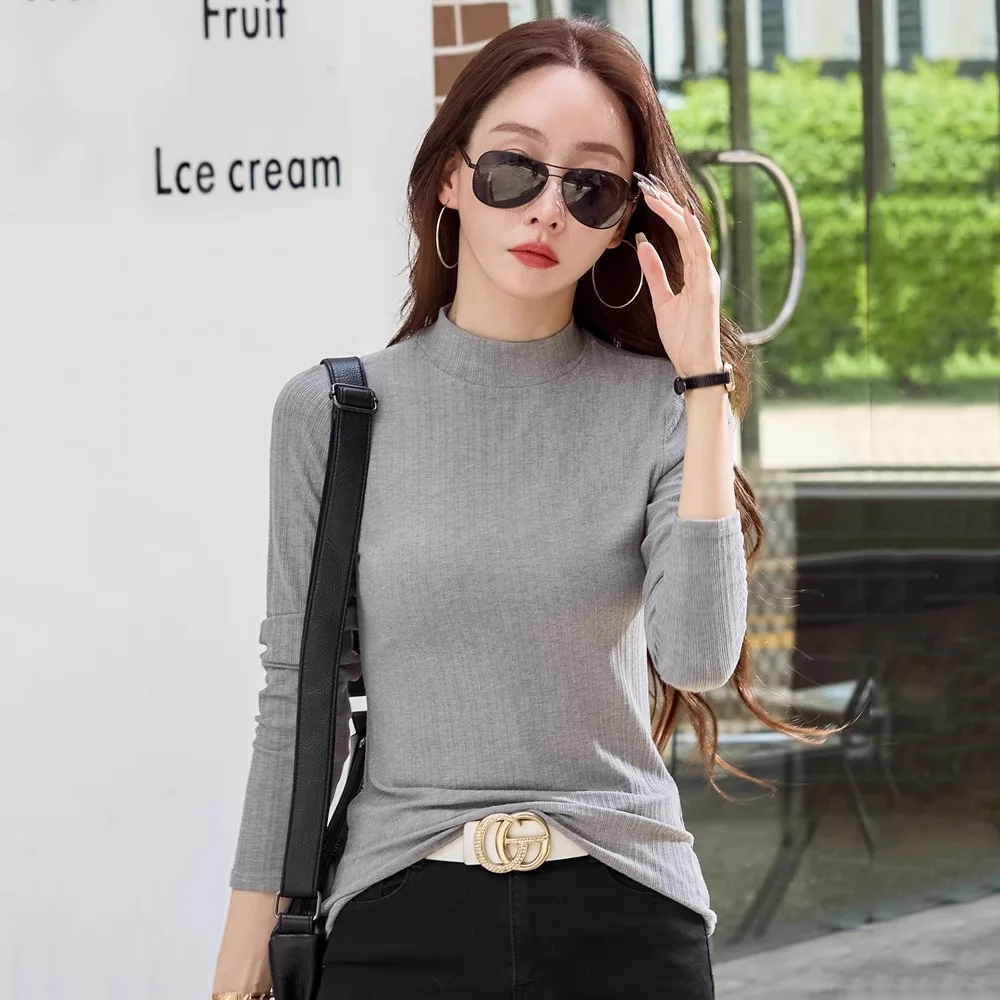 

New Women Autumn Winter Bottomming T-shirt Fashion Half High Collar Long Sleeve Slim T-shirt Simplicity Casual Basics Tees Tops