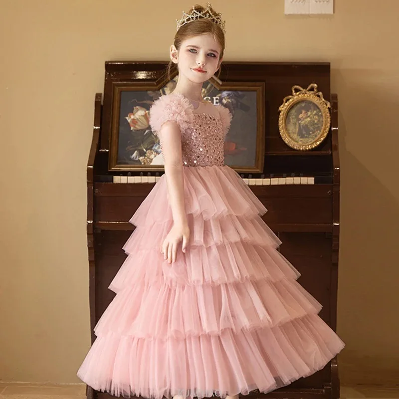 Long Dress 2025 Pink Glitter Girls Princess Dresses Clothes Children Pageant  Gown Kids Costumes Host Tulle Birthday Party Baby