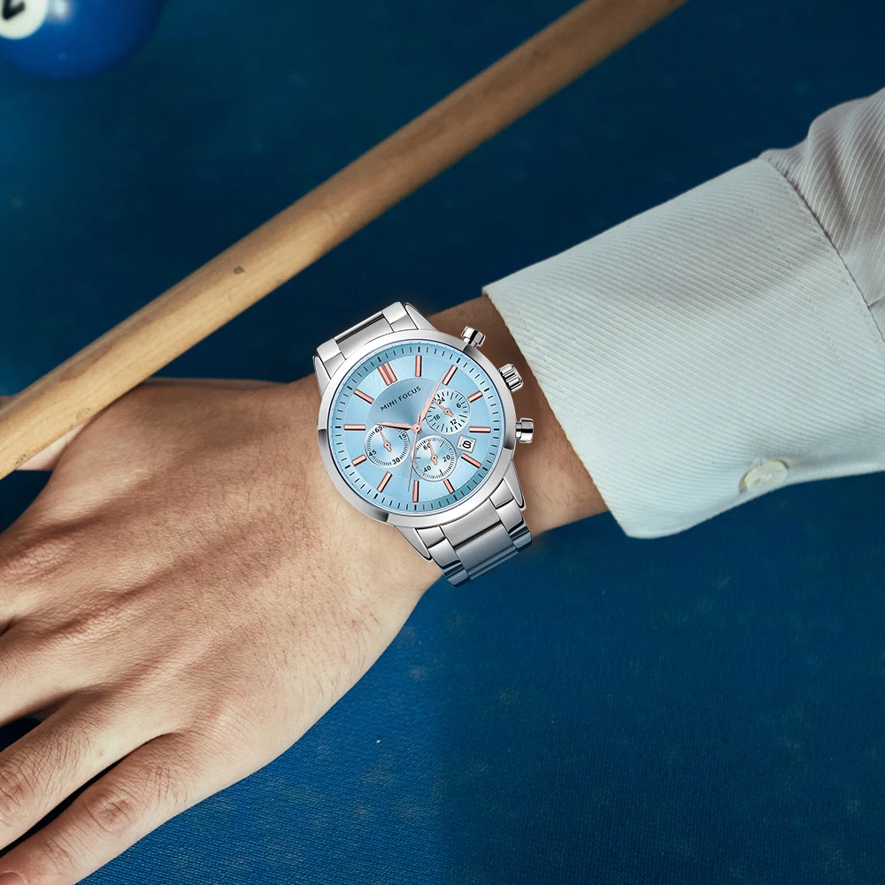 

MINI FOCUS 0188 элегантные кварцевые часы для мужчин синие деловые простые часы модный календарь хронограф водостойкие мужские наручные часы