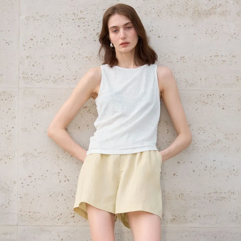 

100% Hemp Knitted Thin Tank Top For Women Solid Color Summer Round Neck Sleeveless New Breathable Tops White Top