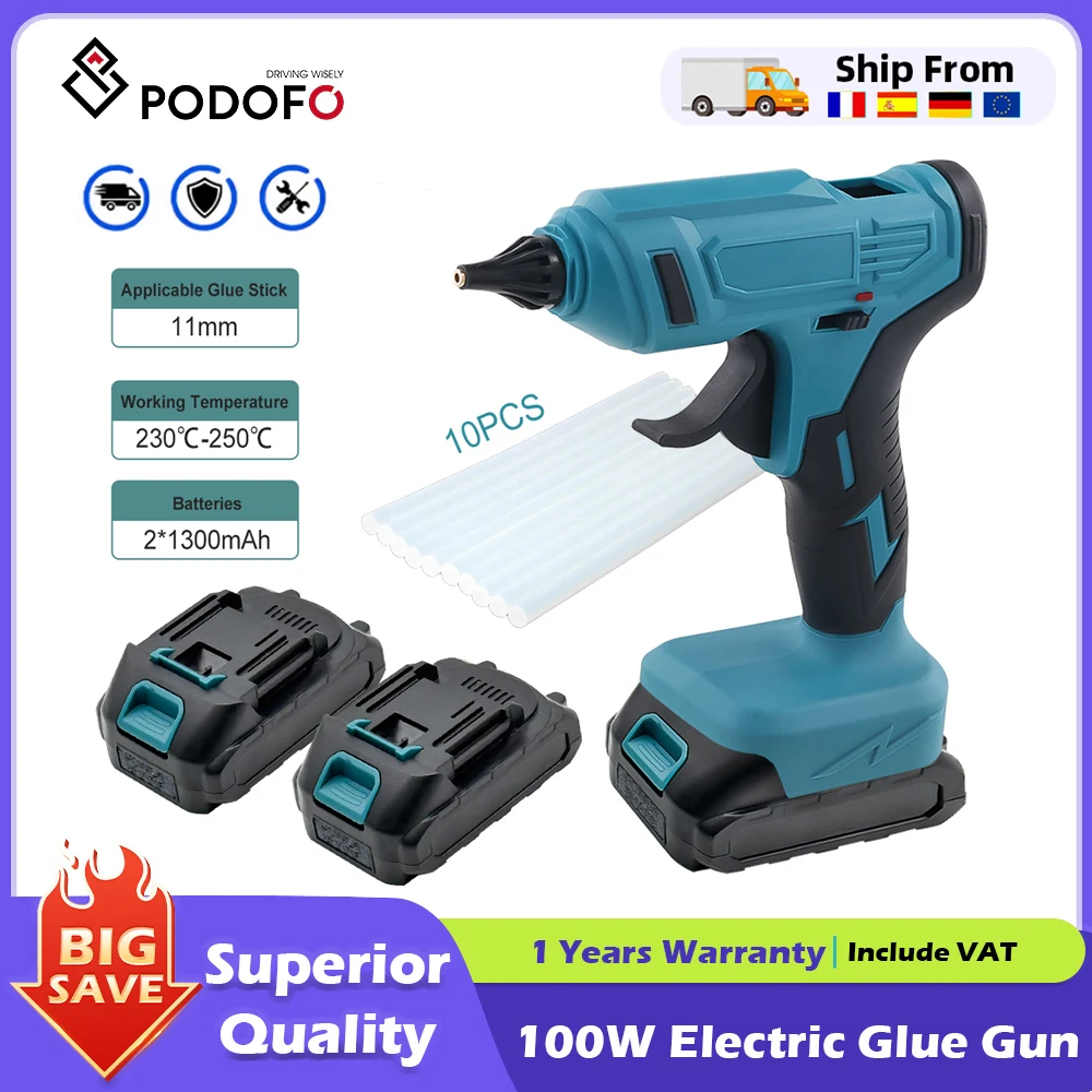 Pistolet à colle chaude portable rechargeable Podofo 18V, pistolet à colle pour verre, pistolet à colle pour calfeutrage, pistolet à colle à batterie pour réparations, artisanat pour Makita