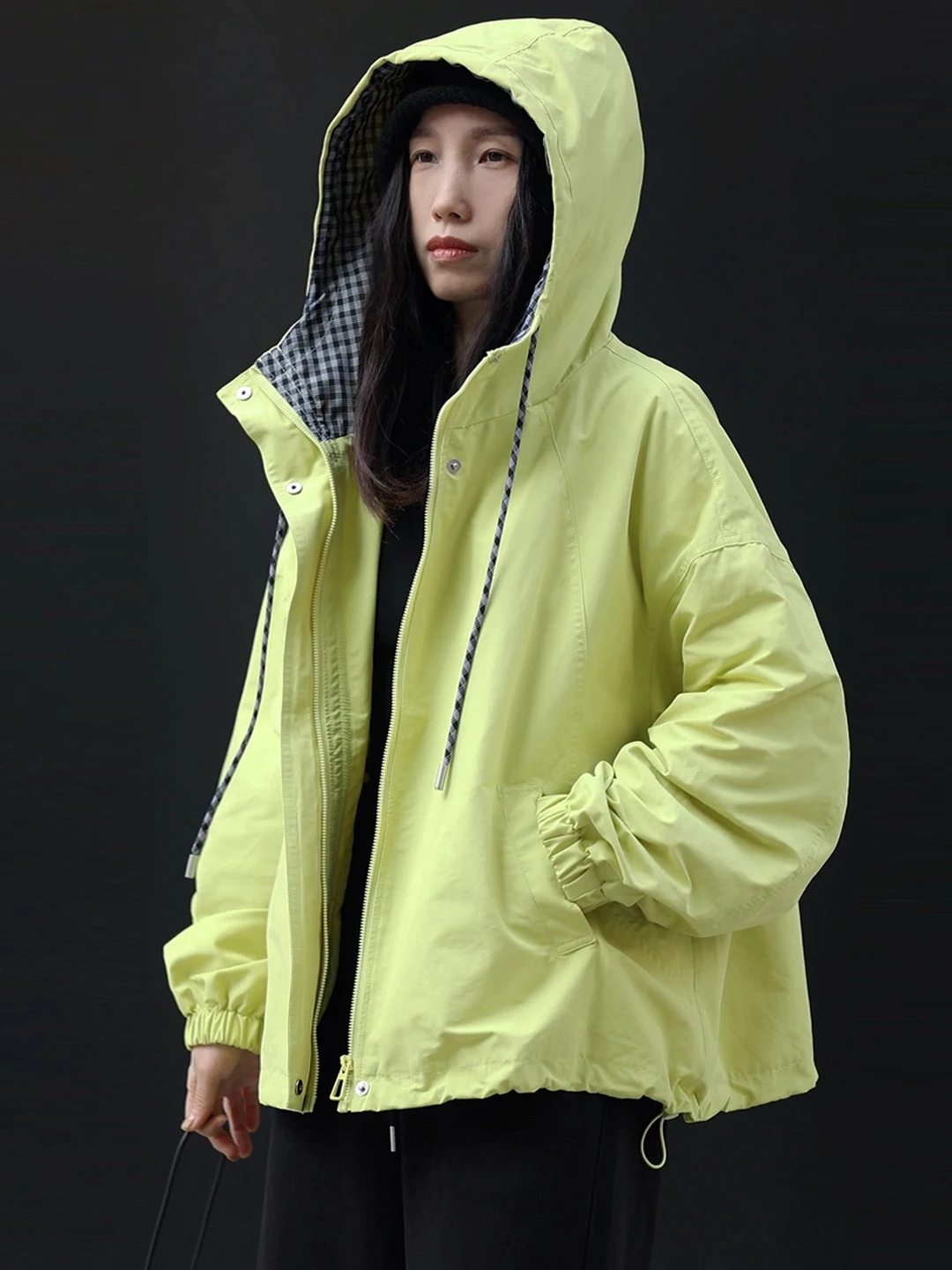

Флуоресцентная желтая куртка с капюшоном, повседневная свободная женская куртка-оверсайз, весенне-осеннее пальто из нейлона и хлопка с длинными рукавами на молнии