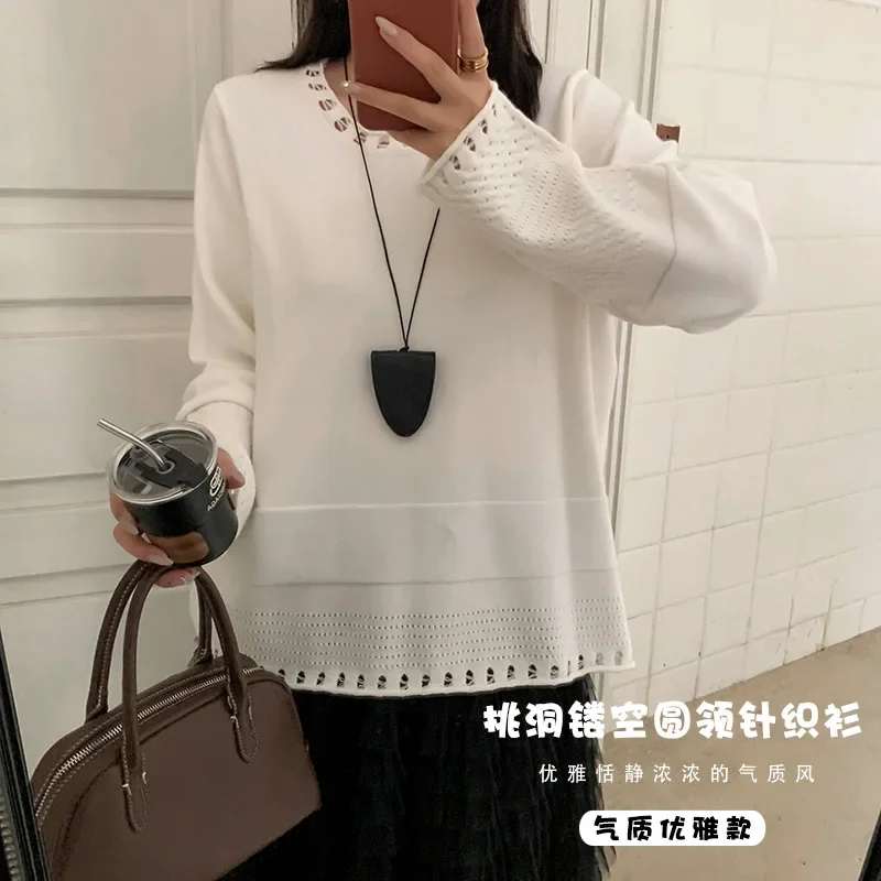 

Double day 2024 autumn new large size women's clothing fat sister pick hole hollow crew neck knitted sweater