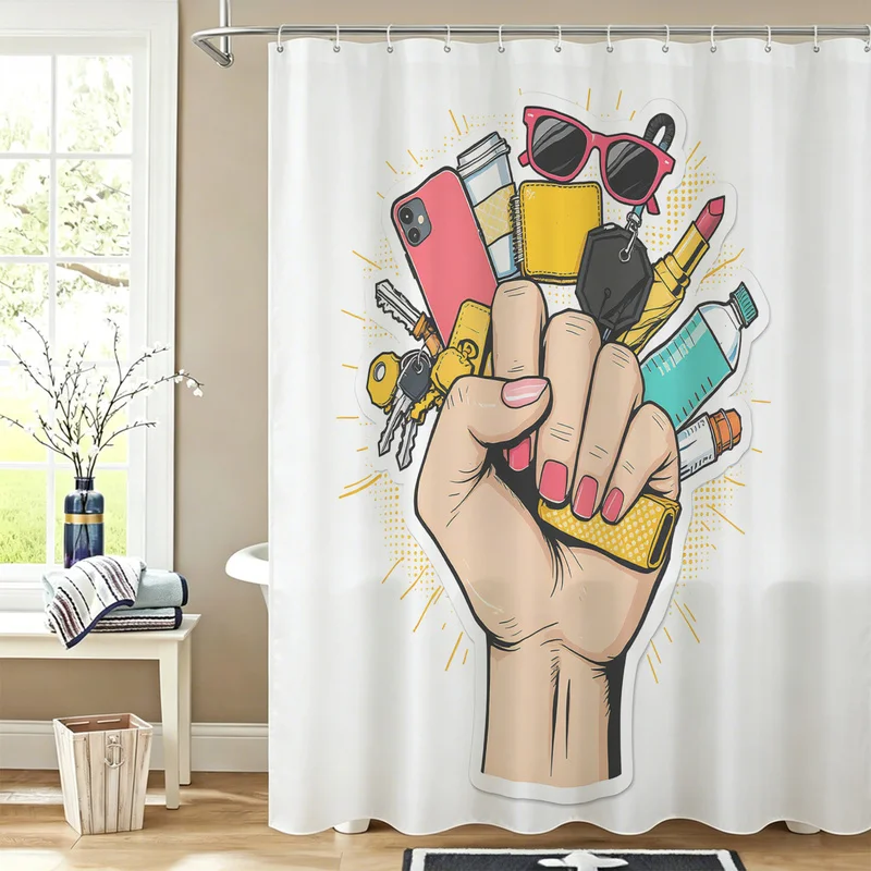 Retro Urban Carry Essentials Shower Curtain Hand Holding Print Bath Curtain With Hooks Waterproof Bathroom Decor Girl Grip Gift