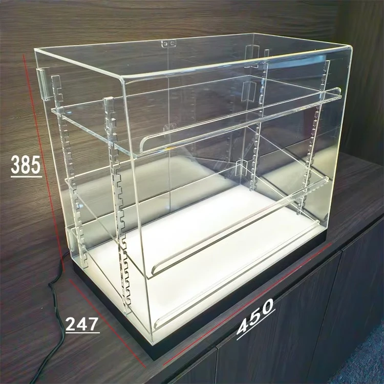 Transparent acrylic cake display box with LED lighting base,adjustable shelf,acrylic cabinet can store bread,pastries,croissants