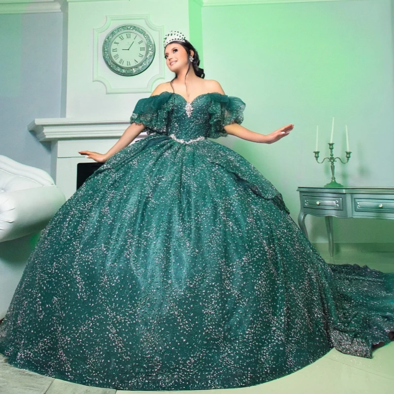 

Dark Green Shiny Quinceanera Dresses Ball Gown Off The Shoulder Beading Crystal Bow Tull Corset Party Sweet 16 Dress Vestidos 15