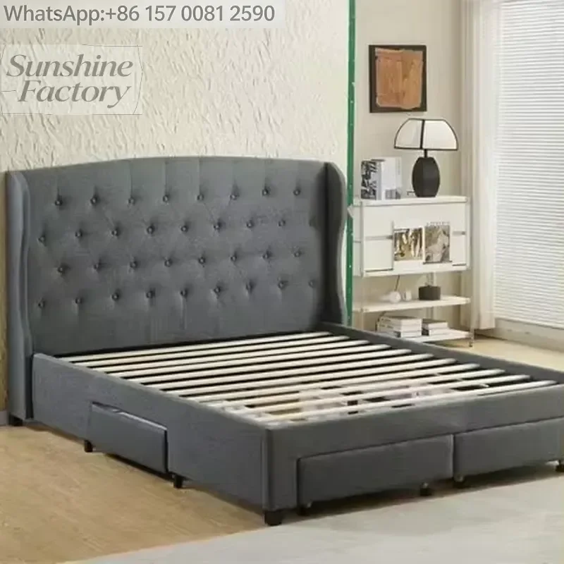 Upholstered King Size Bed Frame with Hidden Drawers, Low Profile Storage Bed for Small Spaces, Bedroom Design