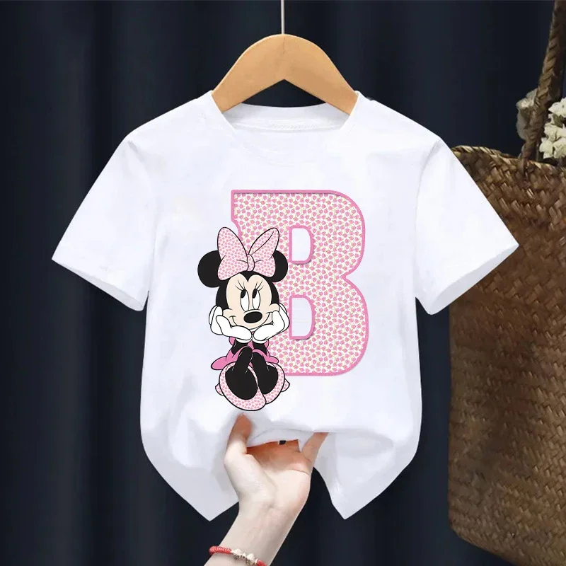 Minnie Mouse Disney Cartoon Printed Tops Girls Letter Tshirts Kawaii Cute Children Short Sleeves T-shirt Kids Clothing