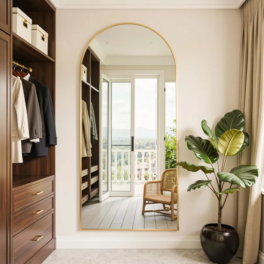 Cermin Panjang 72x32 Cermin Tubuh Utuh Berbentuk Lengkung dengan Bingkai Emas Elegan Cermin Lantai Ukuran Besar untuk Kamar Tidur Ruang Ganti Ruang Pakaian