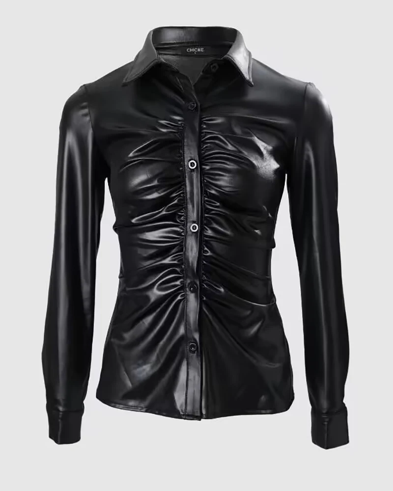 Women Black Pu Leather Blouses 2023 New Spring Autumn Turn-Down Collar Button Shirts Ladies Casual Ruched Long Sleeve Blouse