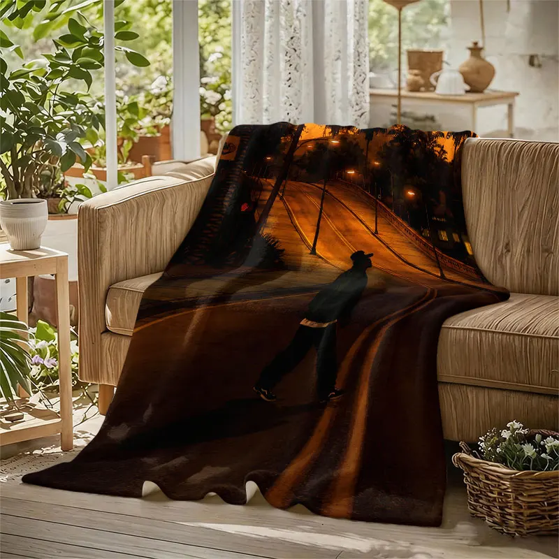 Sunset City Street Art Flannel Blanket Perfect for Sofa Office Bed Travel Sleep Read Relax Camping Four Season Use