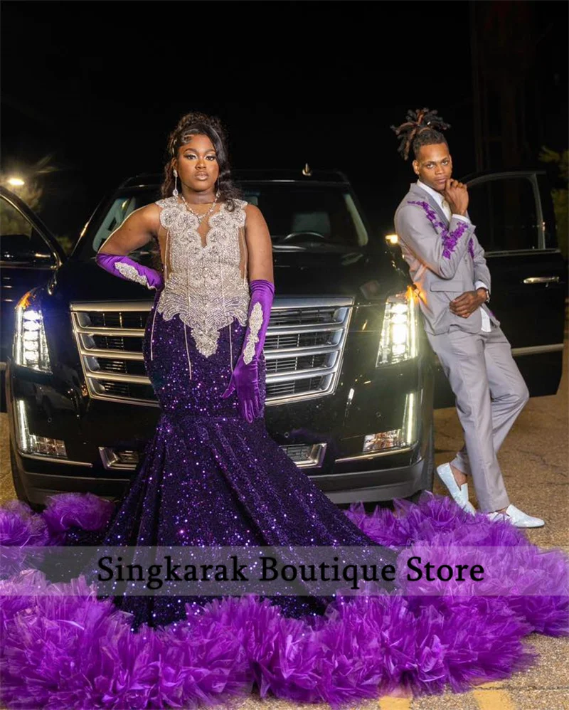 New Purple Diamonds Prom Dress With Two Gloves Glitter Bead Crystal Tassels Sequins Gown Birthday Party Dress Customized image 4