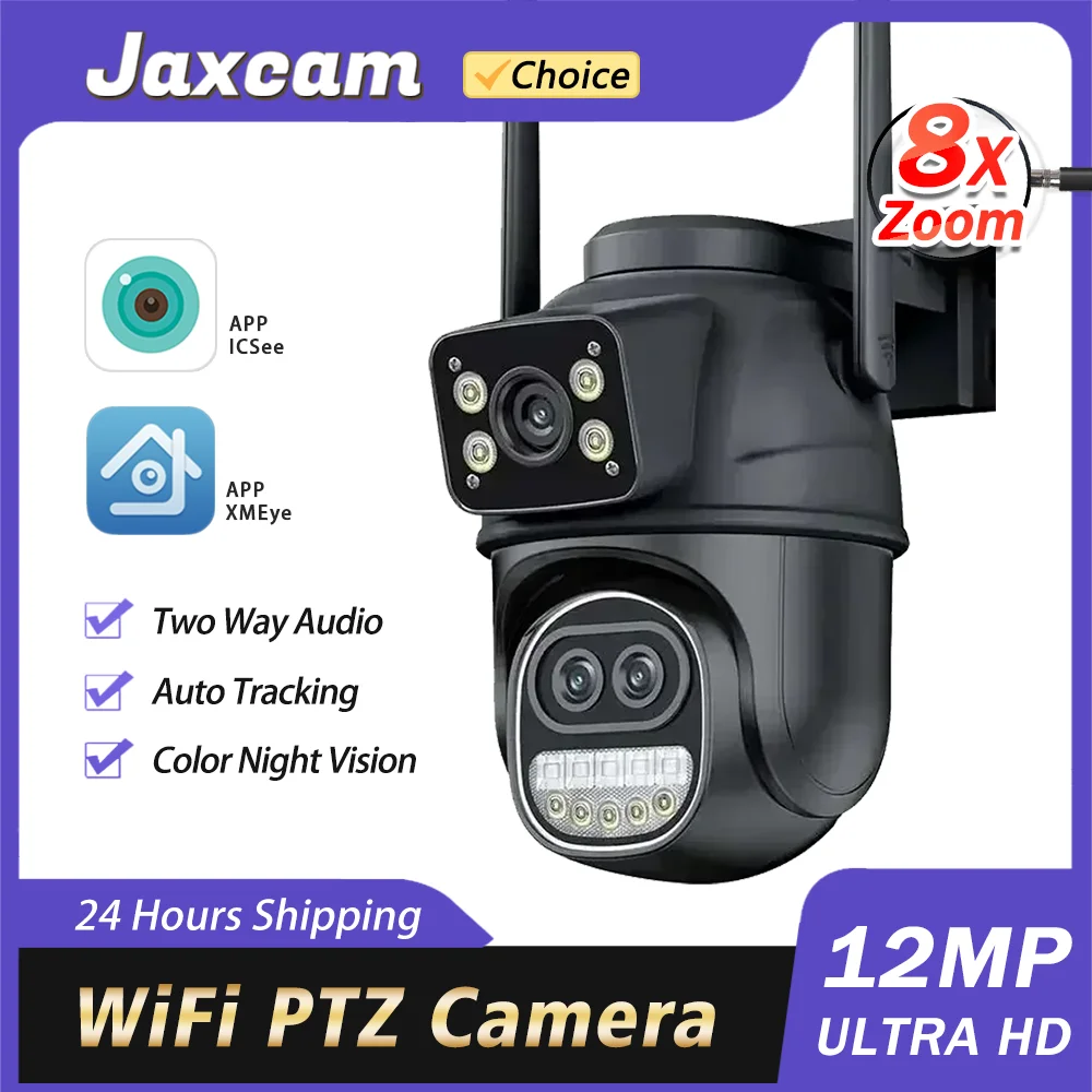 

12MP 6K Outdoor WIFI Camera 8X Zoom Three Lens Dual Screens PTZ Video Cameras Auto Tracking Home Security CCTV Surveillance Cam