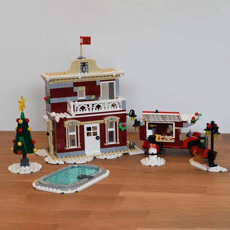 Moc Bouwstenen Winterdorp huizen en food trucks Model Technologie Modulaire Blokken Geschenken Kerst Speelgoed DIY Sets Montage