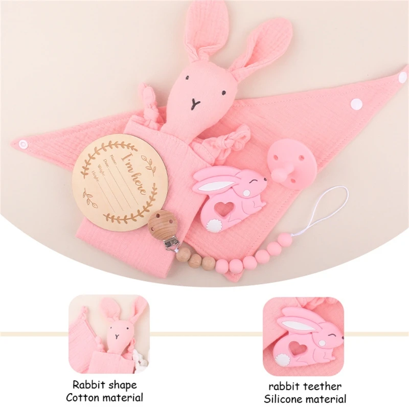 Baby Gift Set Rabbit Appease Towel Baby Pacifier Teether Pacifier Chain Memorial Card Bib for Infant Baby Boys Girls D5QF