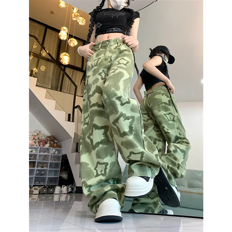 Green Womens Jeans High Waist Vintage Straight Baggy Denim Pants Streetwear American Design Sense Fashion Wide Leg Denim Trouser