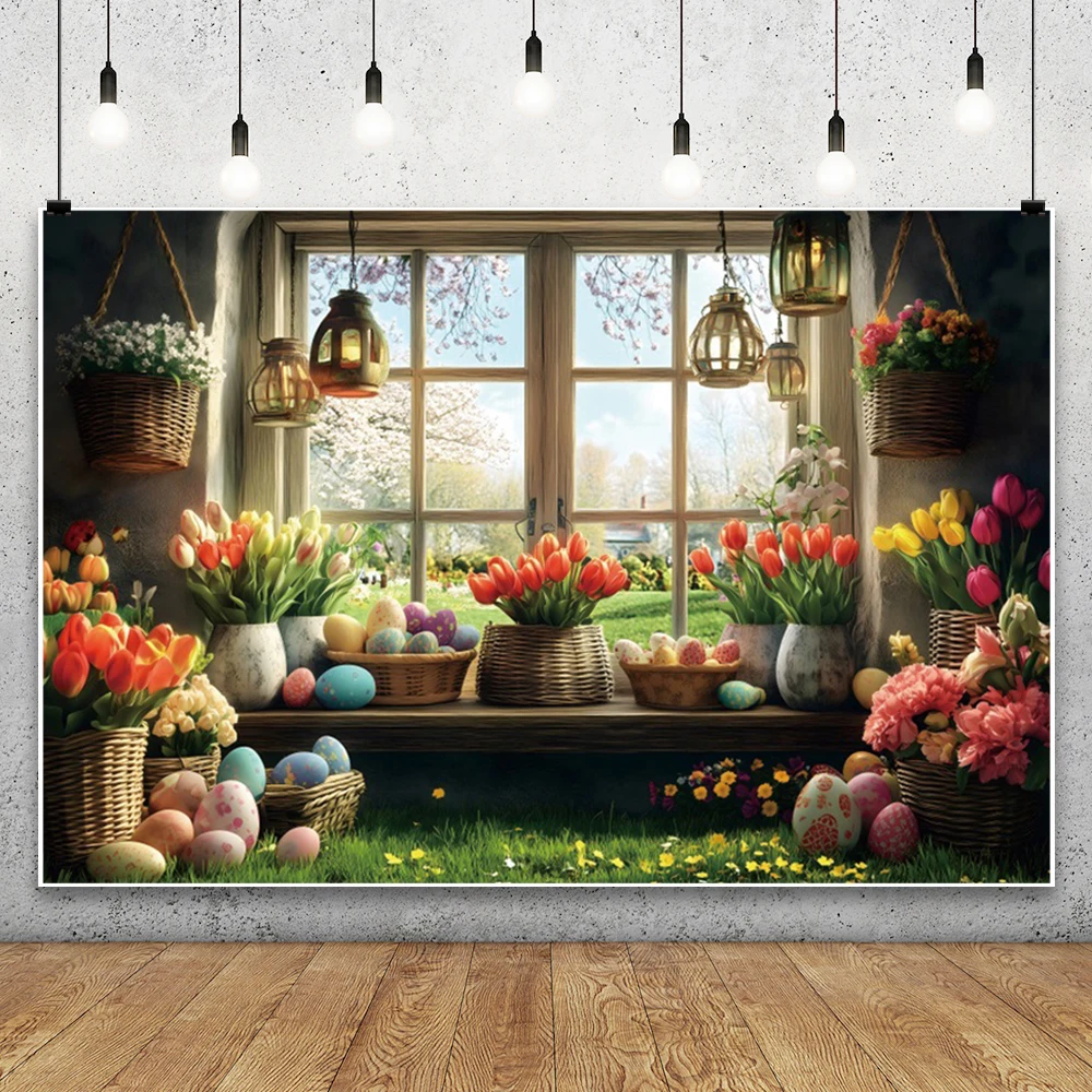 Latar belakang Tulip Paskah musim semi untuk fotografi, latar belakang foto ulang tahun, jendela kayu bunga, telur warna-warni, fotografi, kelinci