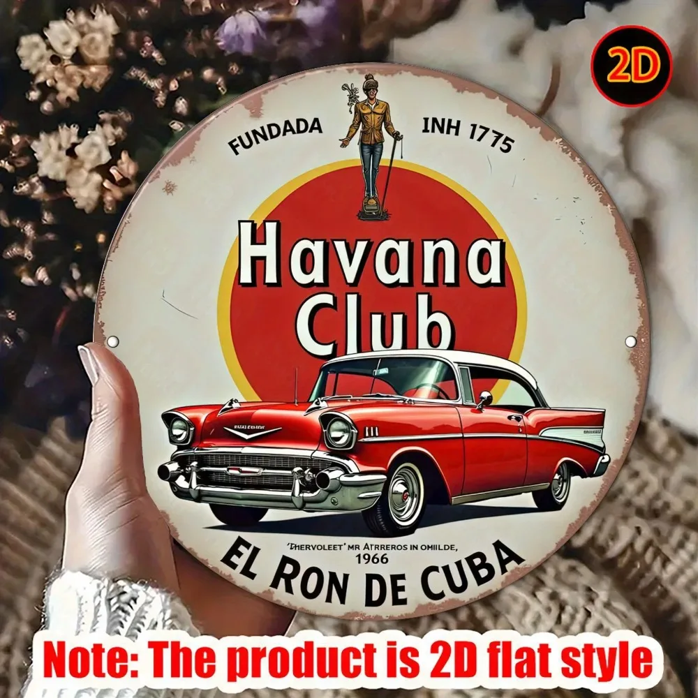 لافتة فنية جدارية معدنية مسطحة ثنائية الأبعاد من نادي هافانا الكوبي الكوبي - ديكور دائري من الألومنيوم بتصميم قديم مع تصميم أحمر وأصفر، 20 × 20 سم/7.8 #2