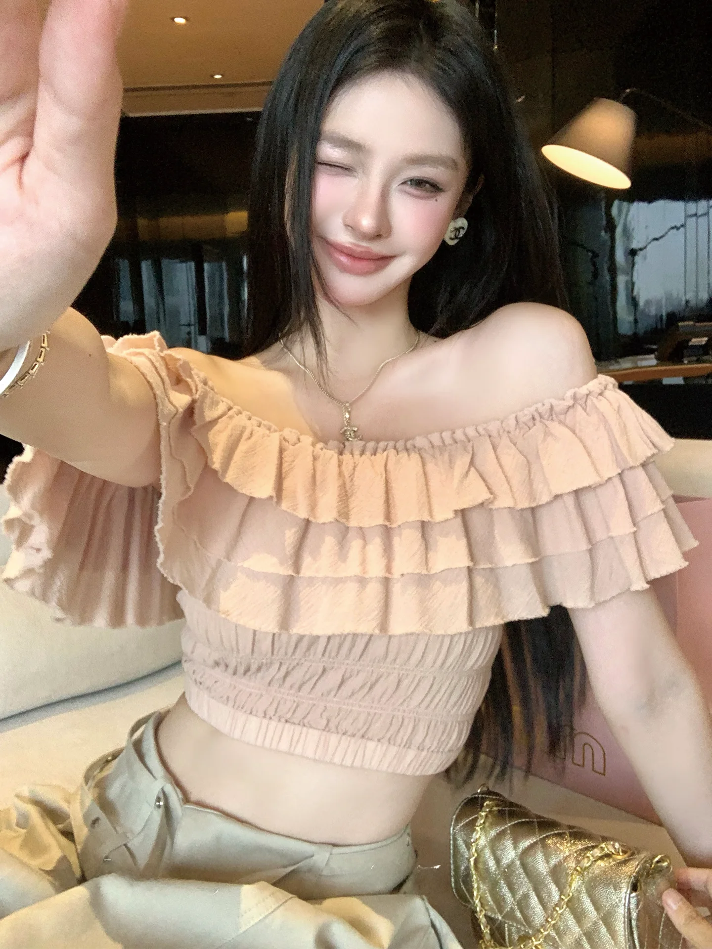 

Okaaay Pure Desire One-Shoulder Pleated Collar Tube Top Women's Casual Slim Fit Cotton Short Sleeveless Lace Shirt