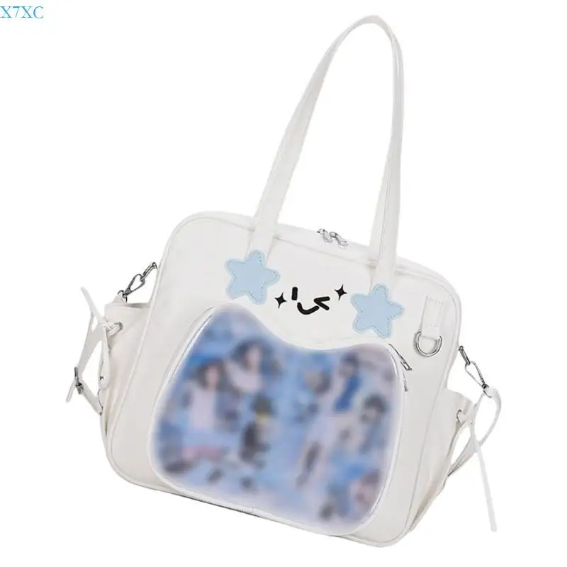 

X7XC PU Leather Clear Window Itabag Anime School Girl Crossbody Bag Handbag Book Bag