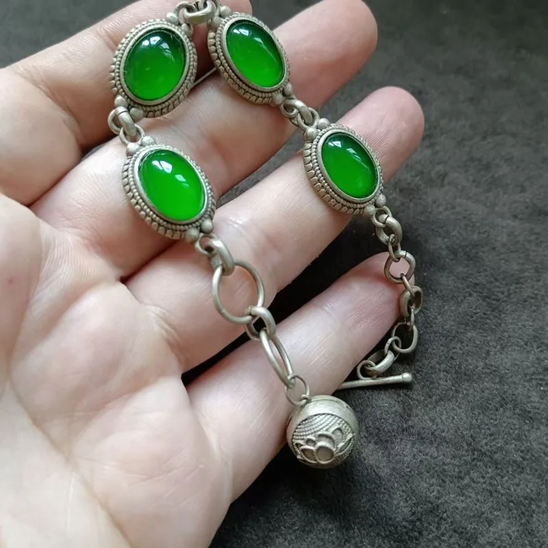 

Классический браслет из тибетского серебра с инкрустацией нефритом, браслет в тибетском серебряном этническом стиле, изысканный подарок для друга