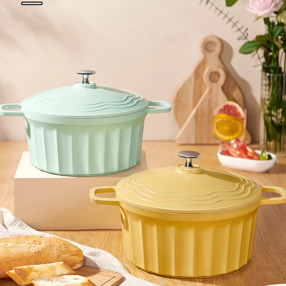 Cazuela antiadherente esmaltada al vacío, olla para estofado multifuncional de gran capacidad con asas dobles, fabricación de sopa de cocina casera