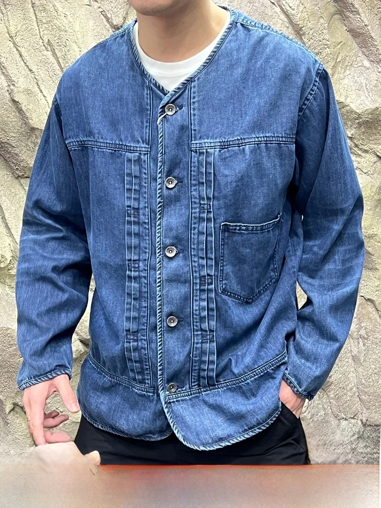 

Line! Heavyweight Waed! Spring Autumn Men's Loose Version Denim V-ne Jaet Collarl Outerwear