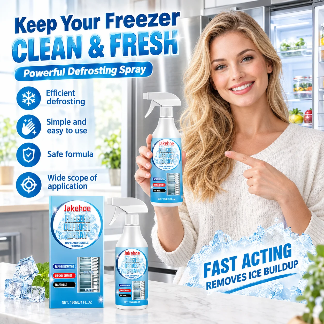 Jakehoe Defrosting Spray for Fridge Freezer Ice Removal Multi-purpose Defrost Agent Household Refrigerator Defrost Spray 120ml