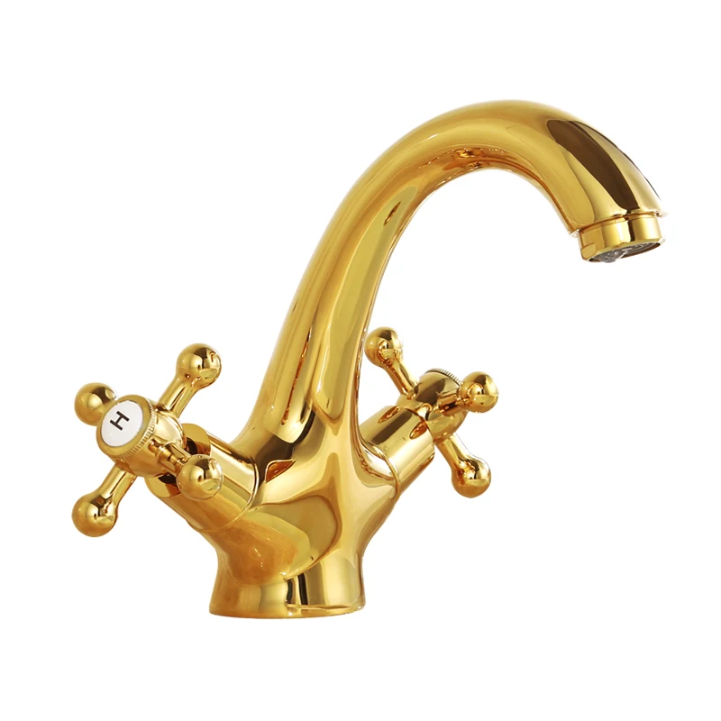 

Hot and cold faucet All-copper European antique faucet Bathroom golden washbasin faucet Double handle single hole