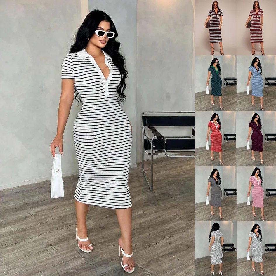 

Fashion New Women's Striped Midi Dress Polo Collar Button Hot Girl Commuting Slim Short Sleeve Summer Elegant Korean Hip Skirt
