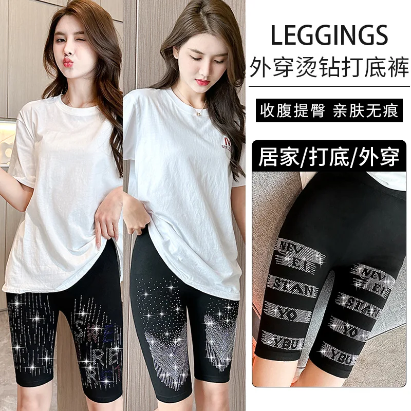 

Black Stretch Rhinestone Skinny Shorts Women Leggings Pearl Letters Hot Drilling Knee-length Elastic Pants Slim Yoga Leggings