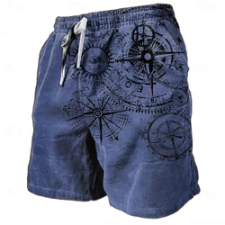 Vintage Compass Pattern Beach Short For Men Fashion Trend Summer 3D Printed Swim Trunks Loose Drawstring Streetwear Short Pants