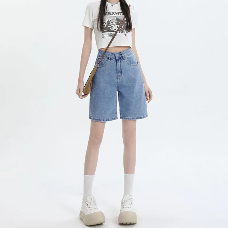 High Waist Wide Leg Five Inch Denim orts Women's Hip Covering Loose Straight Cut Student 5 Point mid Pants Retro Sle