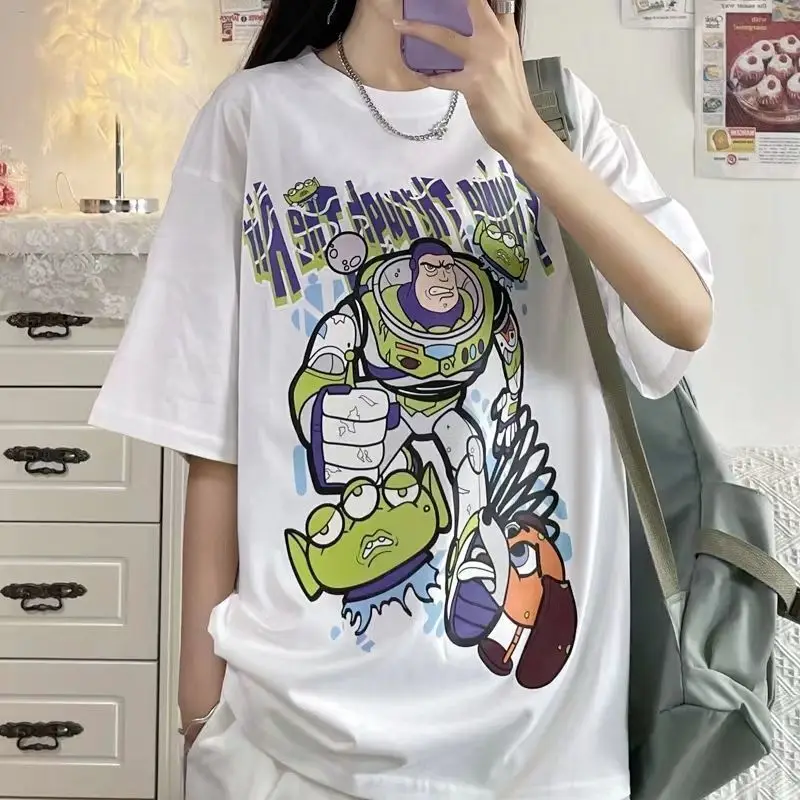 

Disney Toy Story Buzz Lightyear American Style Fun T-shirt Cartoon Print Pure Cotton Short Sleeved Tees Summer New Graffiti Top