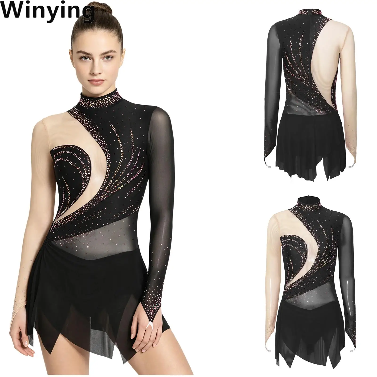 

Women Rhinestones Dance Bodysuit Dress Sheer Mesh Long Sleeve Mock Neck Irregular Hem Dress for Figure Skating Gymnastics