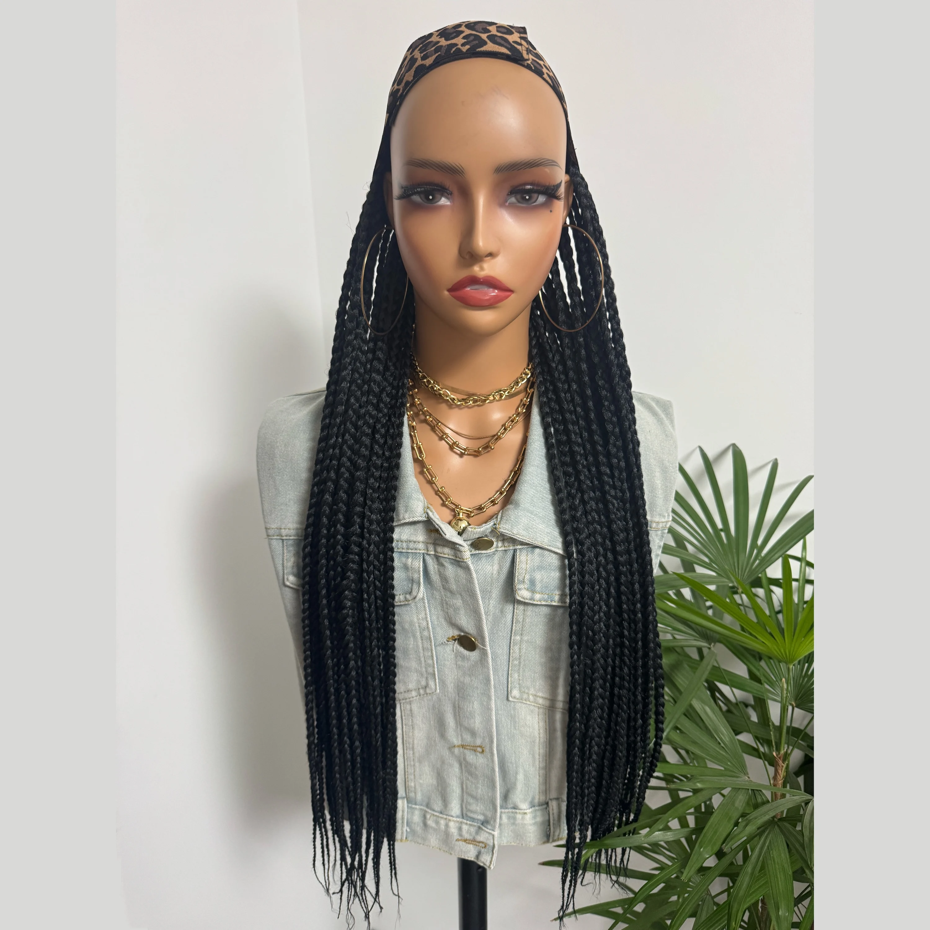 WIGERA Long 24Inch Synthetic Black Box Braided With Black Blonded Headband Turban Hat Box Braiding Hair Extensions For Women