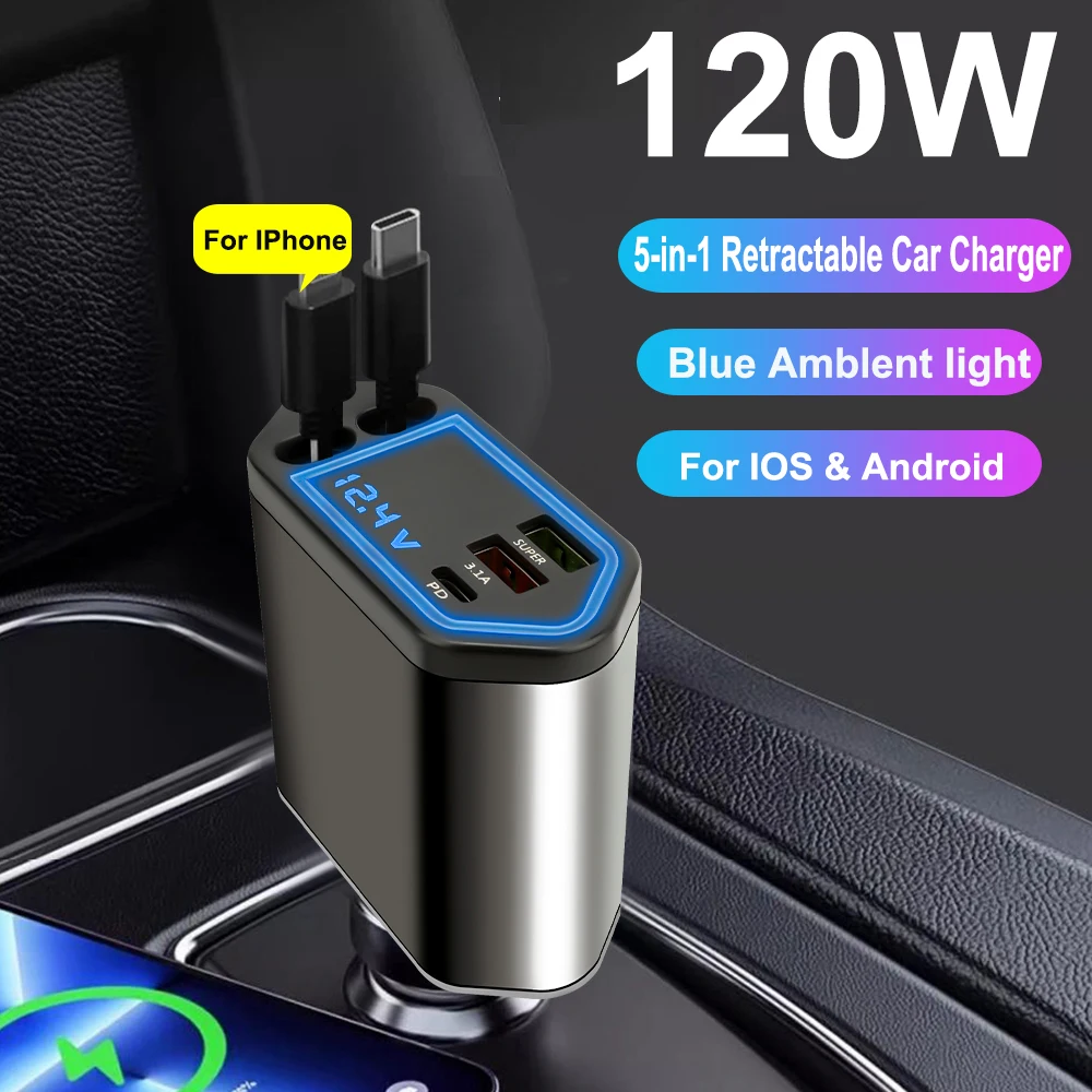 

120W Car Charger USB Type-C Power Adapter with Retractable Cords Voltage Display Super Fast Charging for iPhone & Android