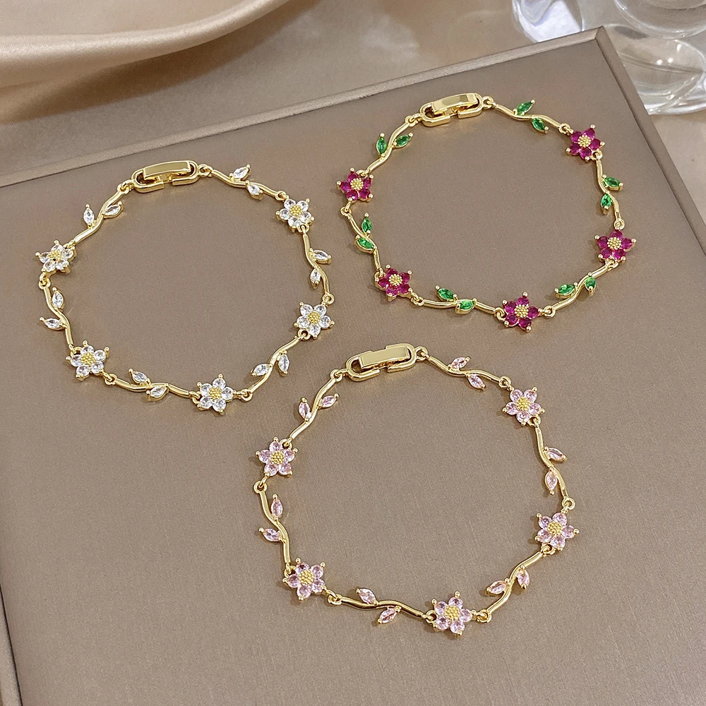 Greatera Tide Multiple Color Flower Rhinestone Branch Leaf Bracelet Dopamine Niche Sense Stainless Steel Women's Bangle Gifts